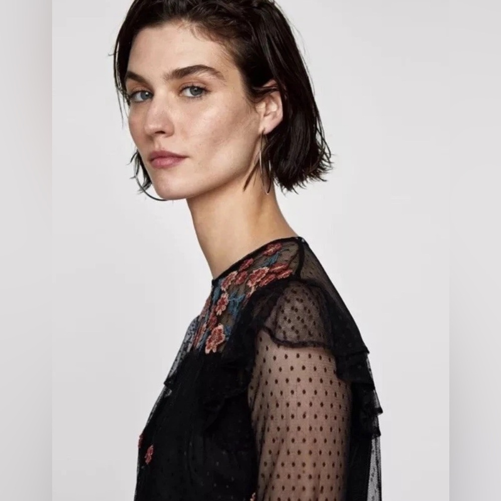 Zara Black Sheer Blouse with Floral Embroidery - Picture 6 of 12